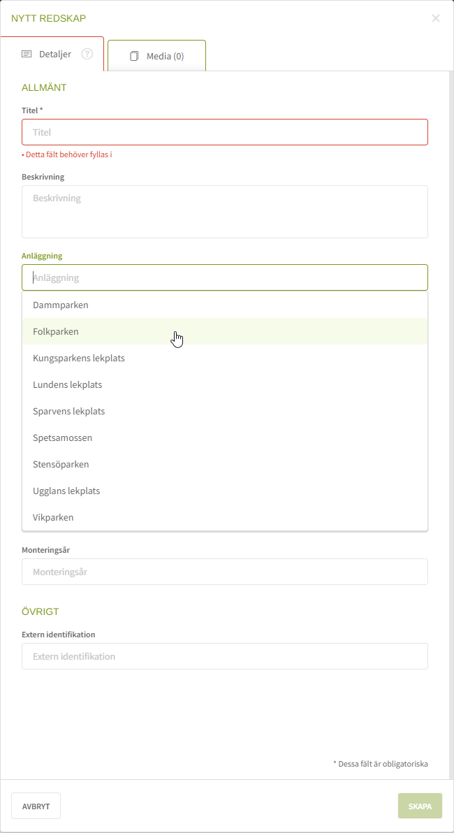 Fig. 3: Formulär - välj anläggning