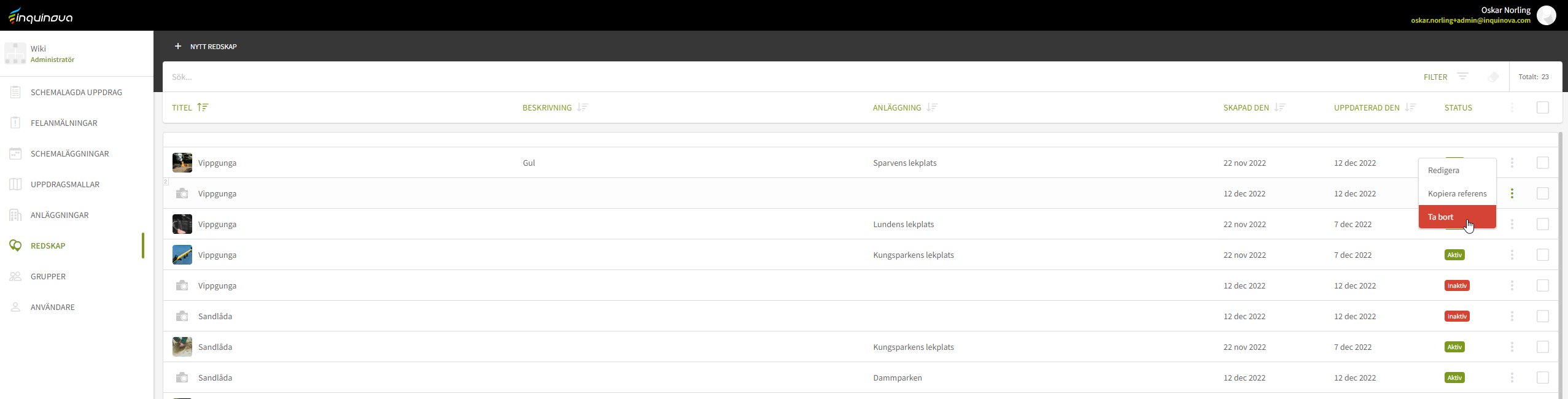 Fig. 1: Menyval för ett redskap - ta bort