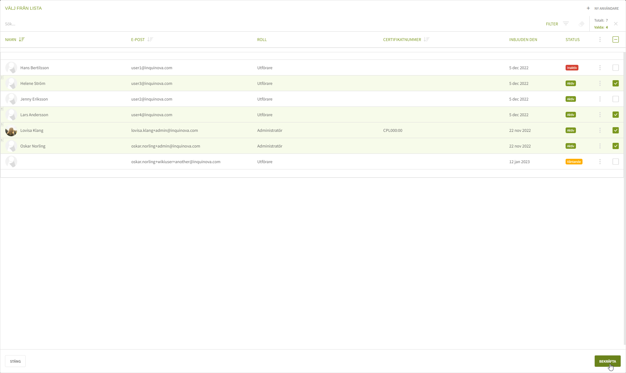 Fig. 4: Lista - Välj utförare