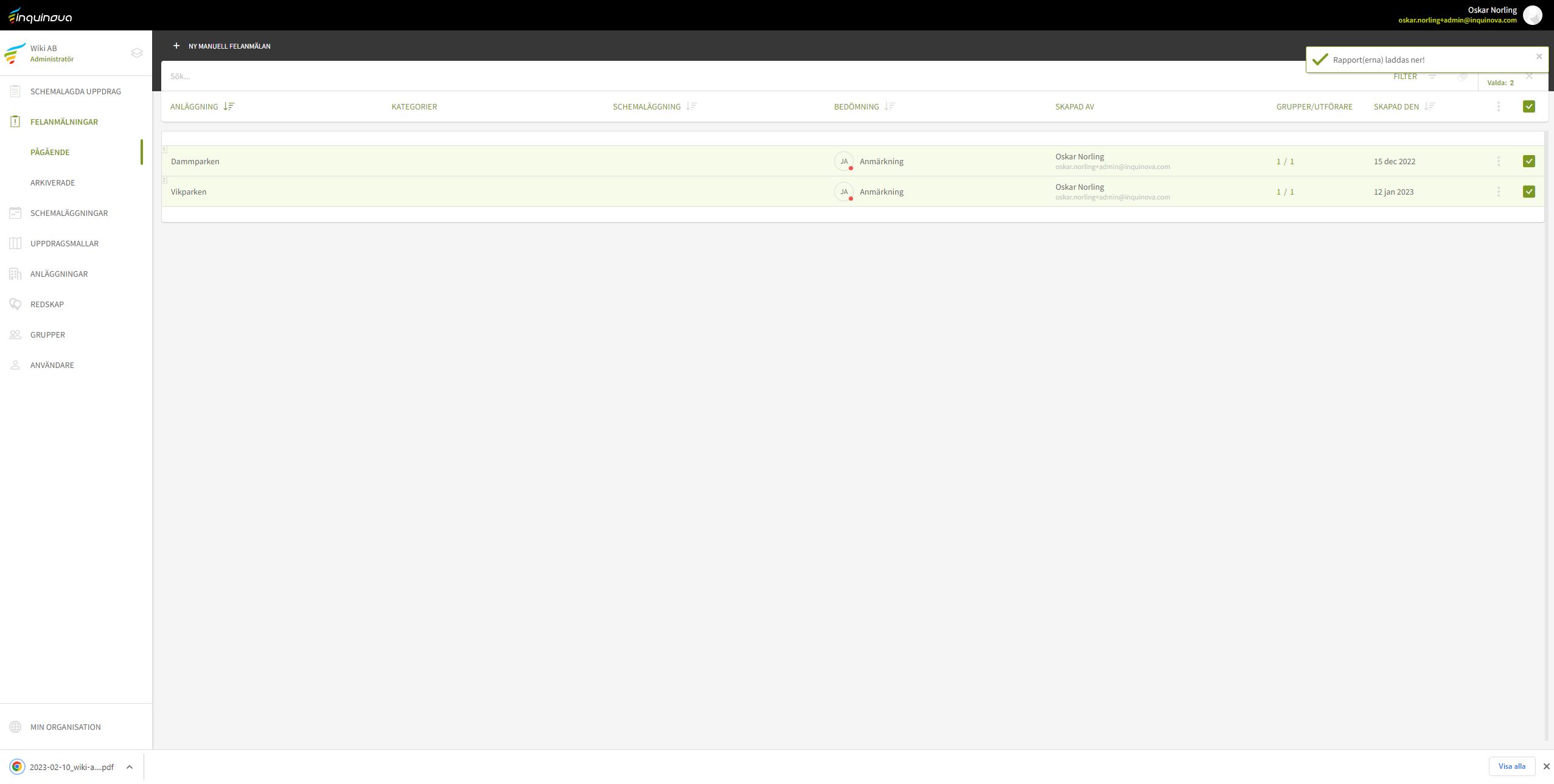 Fig. 6: Felrapport i PDF-format nedladdad
