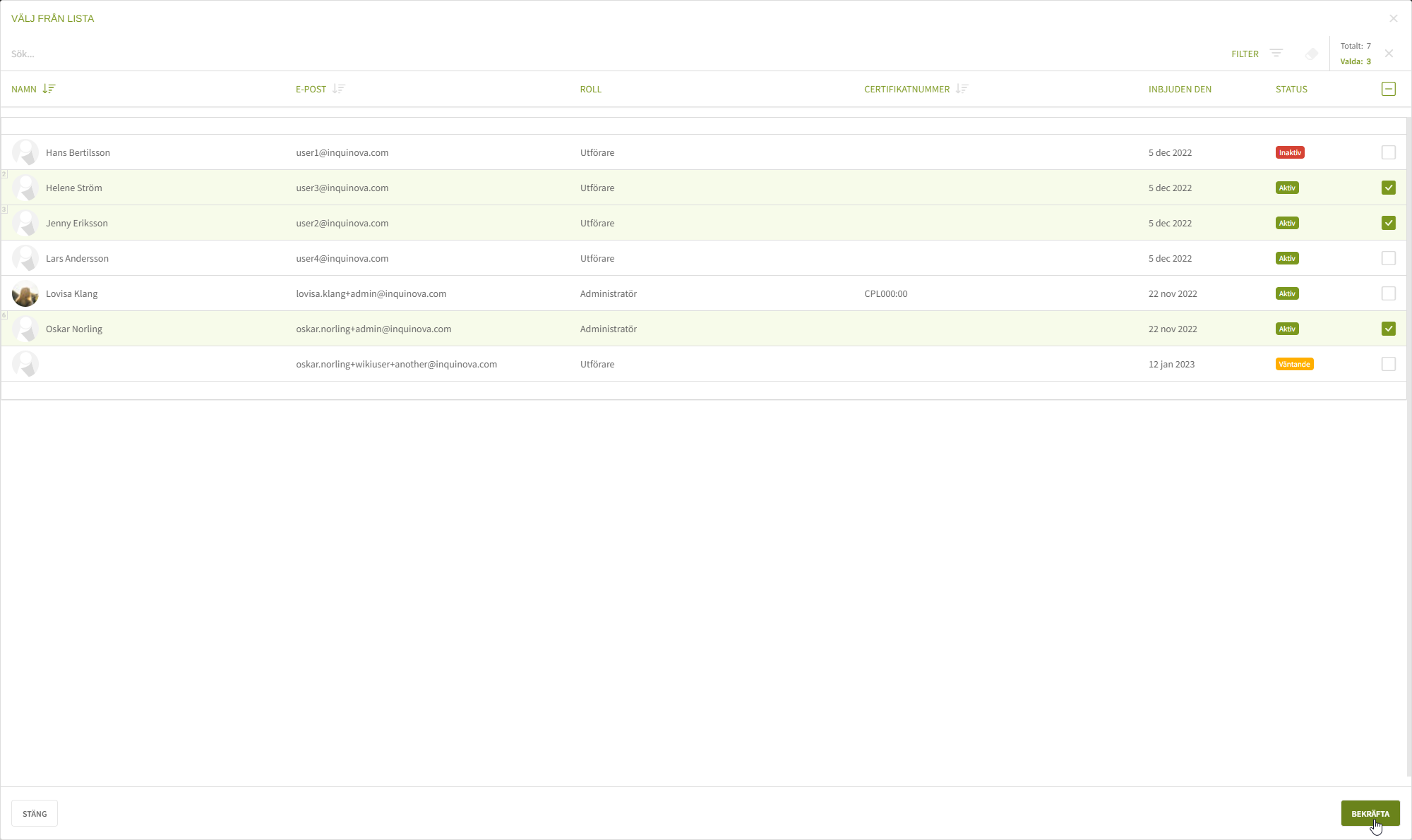 Fig. 6: Formulär - maila, välj befintliga mottagare
