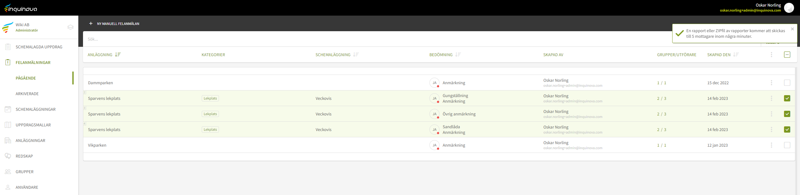 Fig. 9: Uppdragsrapport skickad