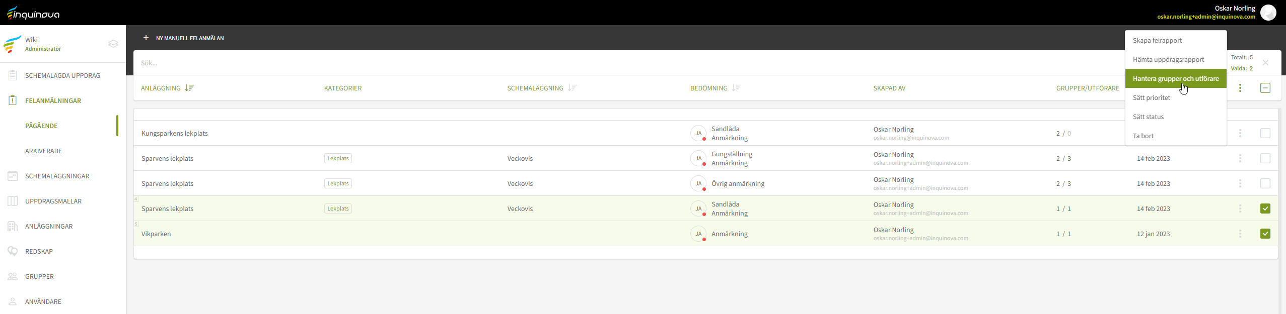Fig. 8: Menyval för valda felanmälningar - hantera grupper och utförare