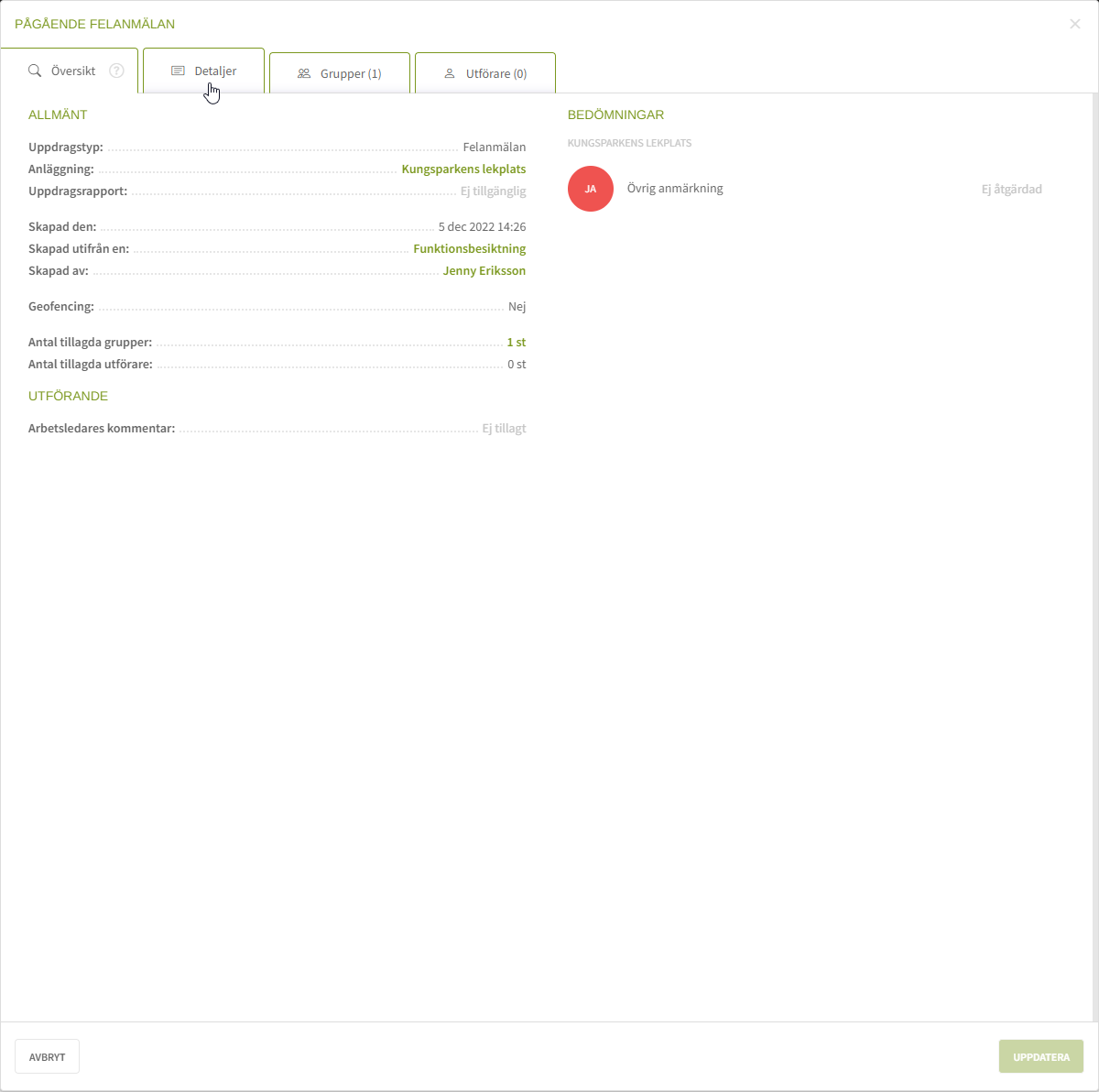 Fig. 2: Översikt för felanmälan
