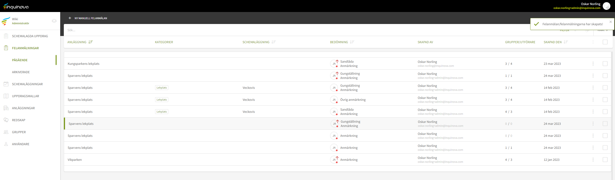 Fig. 14: Felanmälan skapad för redskap