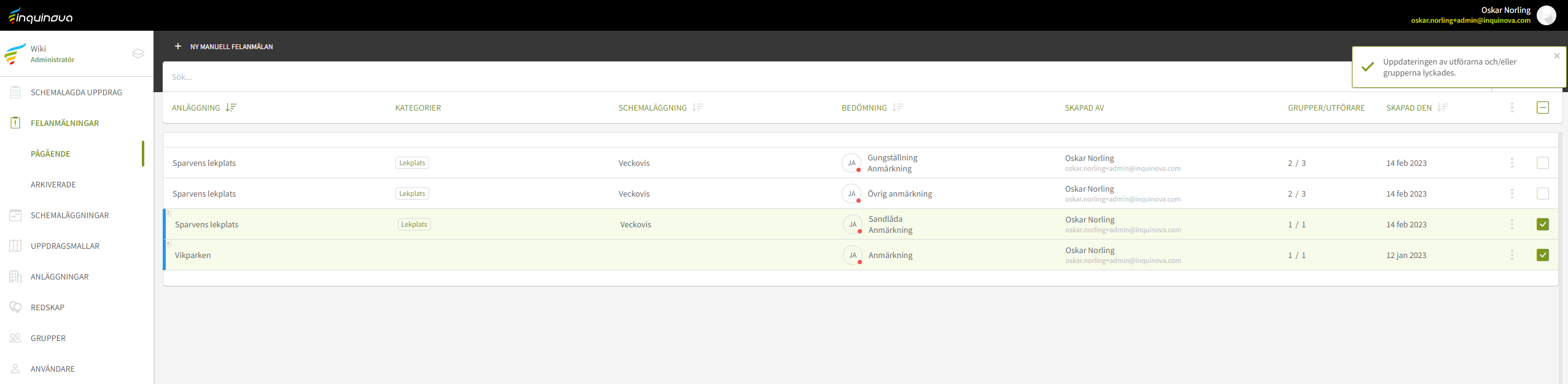 Fig. 5: Grupper och utförare uppdaterade