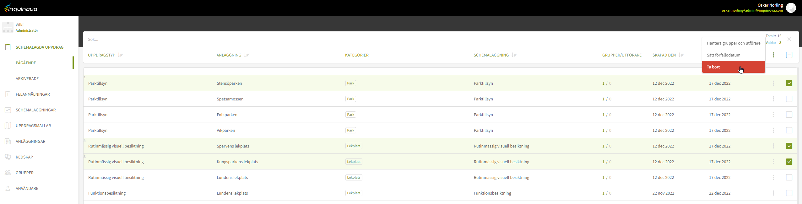Fig. 3: Menyval för valda uppdrag - ta bort
