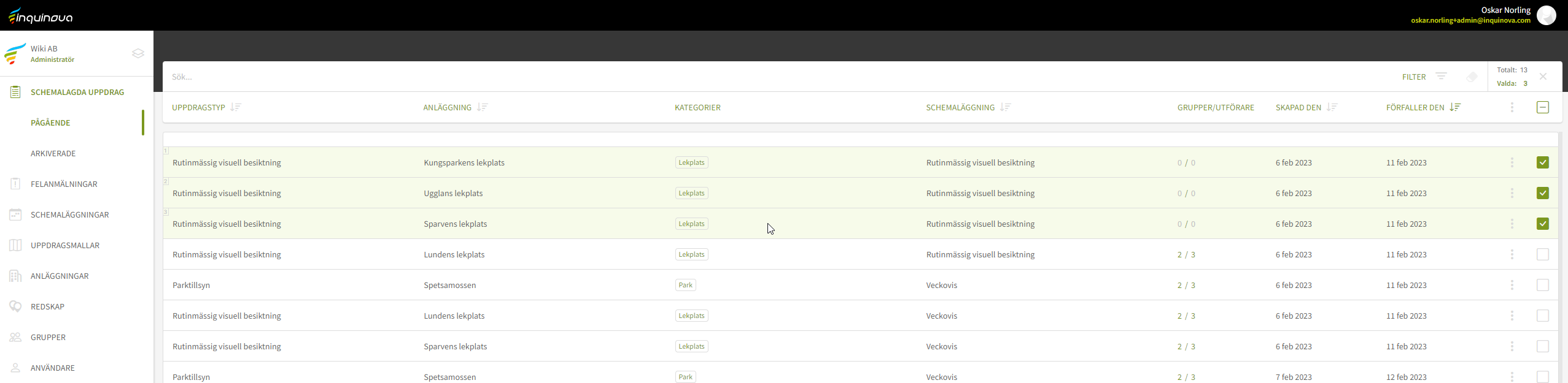 Fig. 7: Enkelklick på de uppdrag där grupper ska läggas till