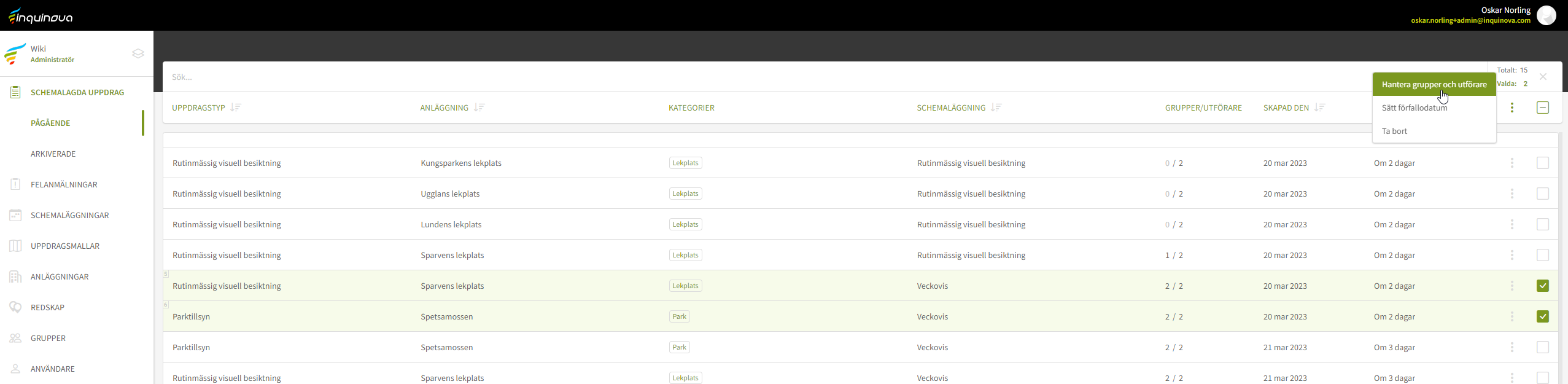 Fig. 7: Menyval för valda uppdrag - hantera grupper och utförare