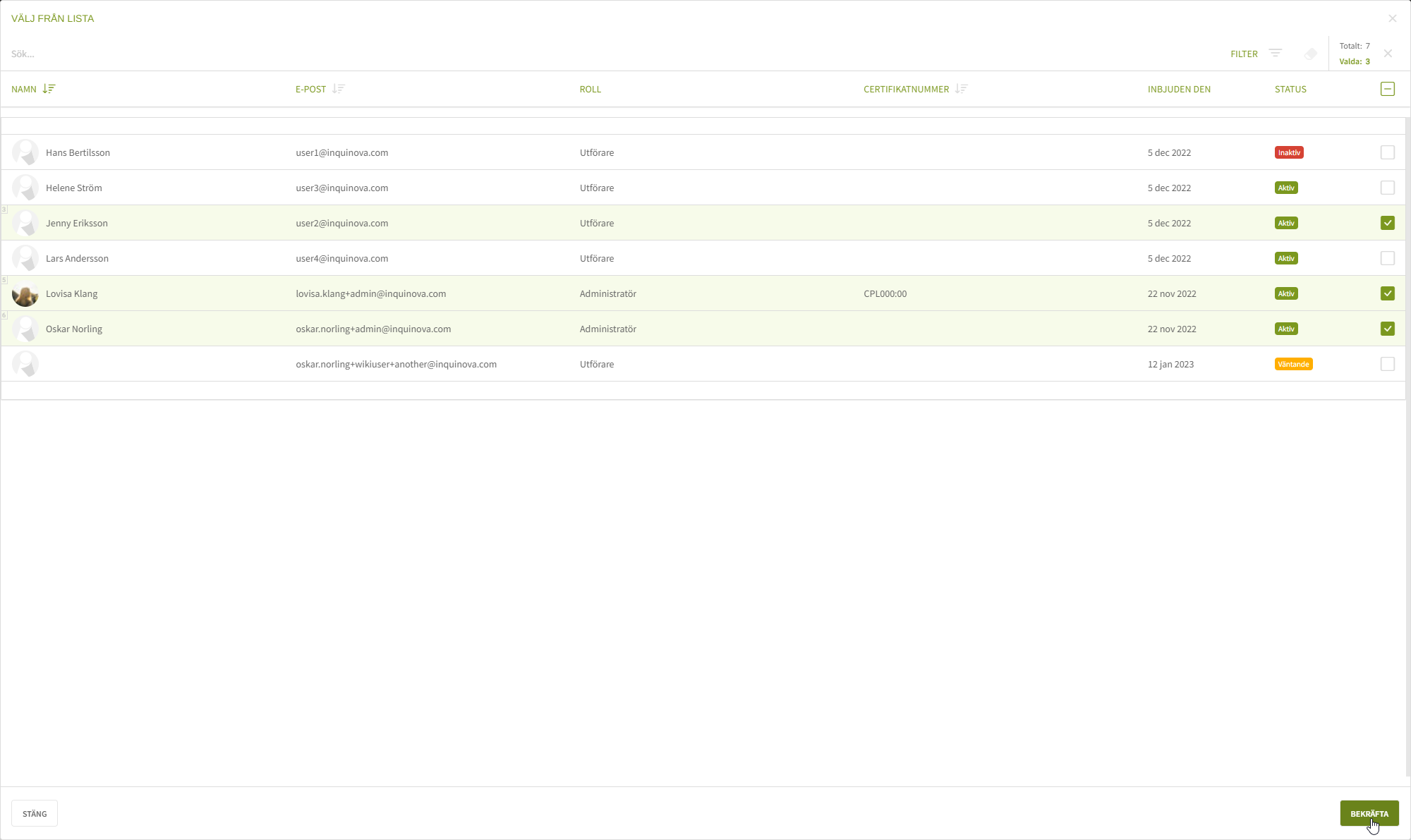 Fig. 4: Lista - välj utförare