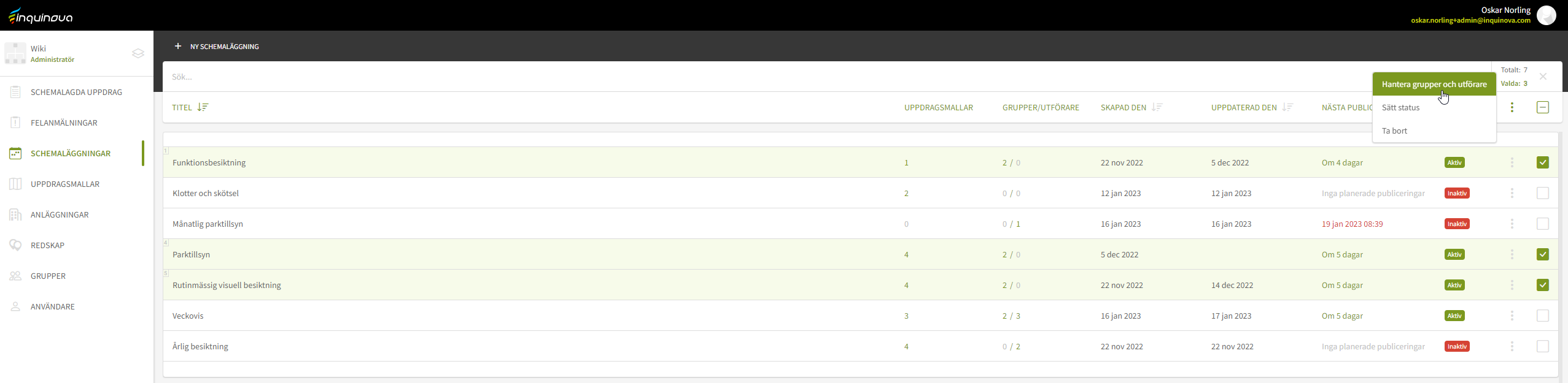 Fig. 8: Menyval för valda schemaläggningar - hantera grupper och utförare