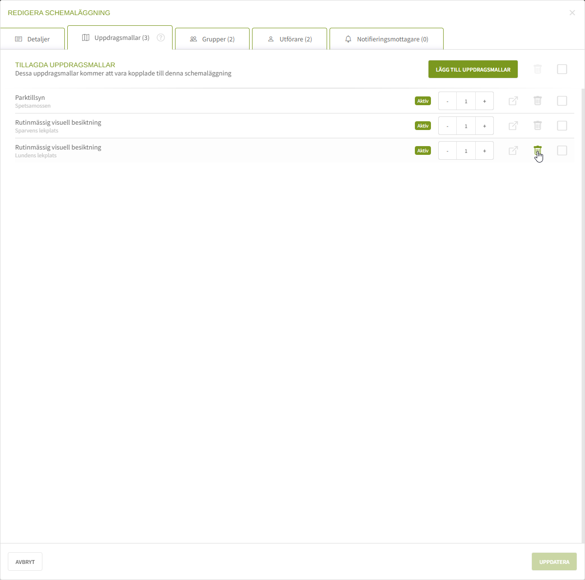 Fig. 3: Ta bort uppdragsmall