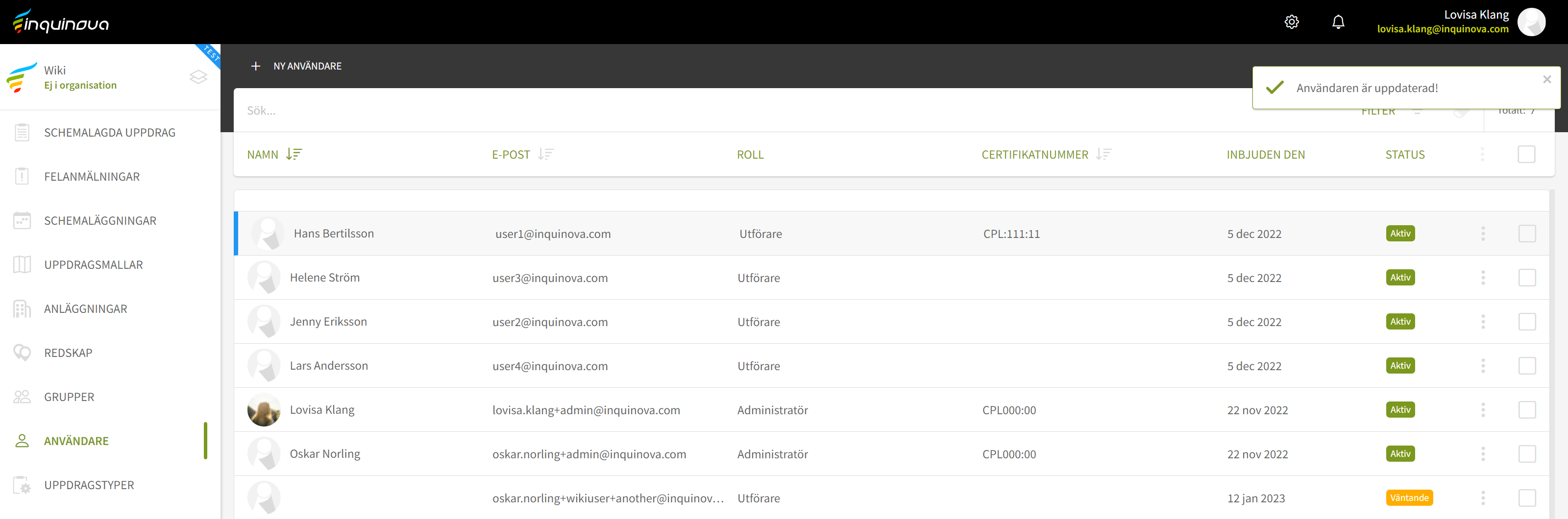 Fig. 14: Användaren är uppdaterad