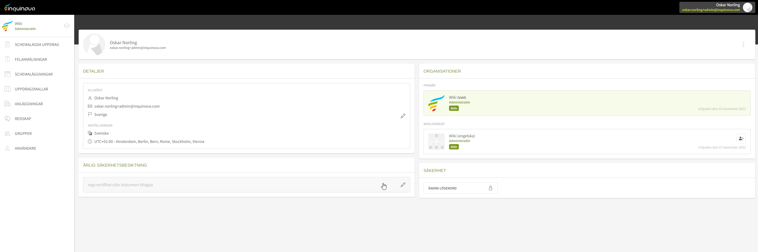 Fig. 2: Profilvy - knappen för Årlig säkerhetsbesiktning