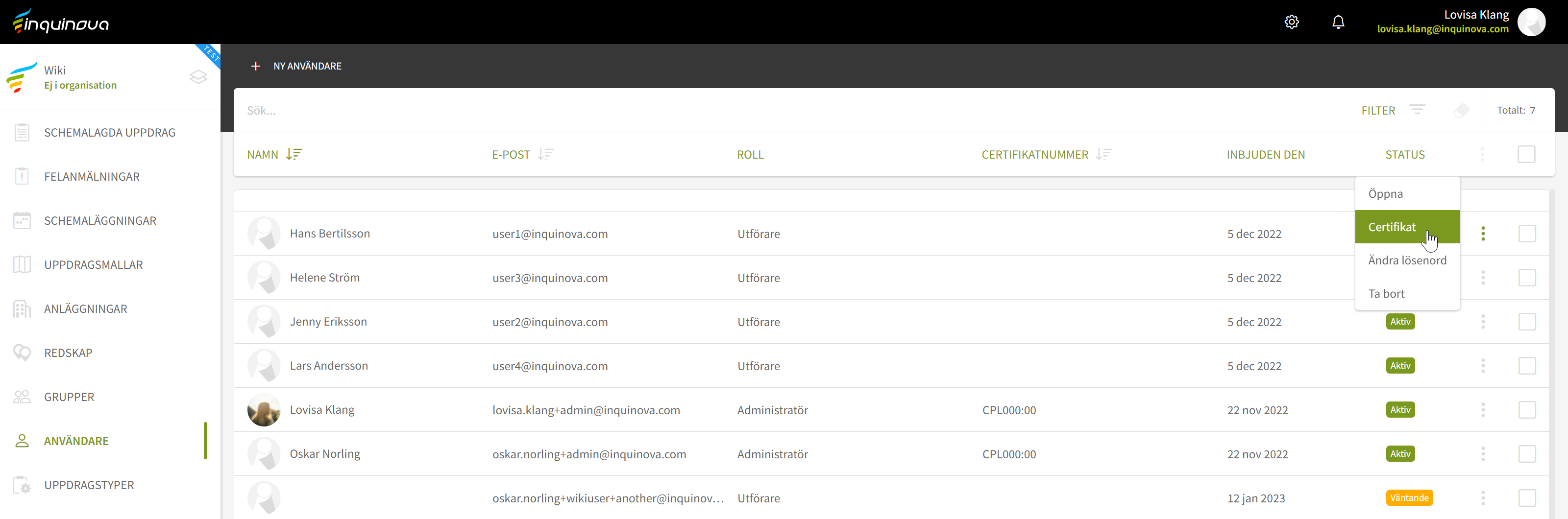 Fig. 9: Menyval - certifikat