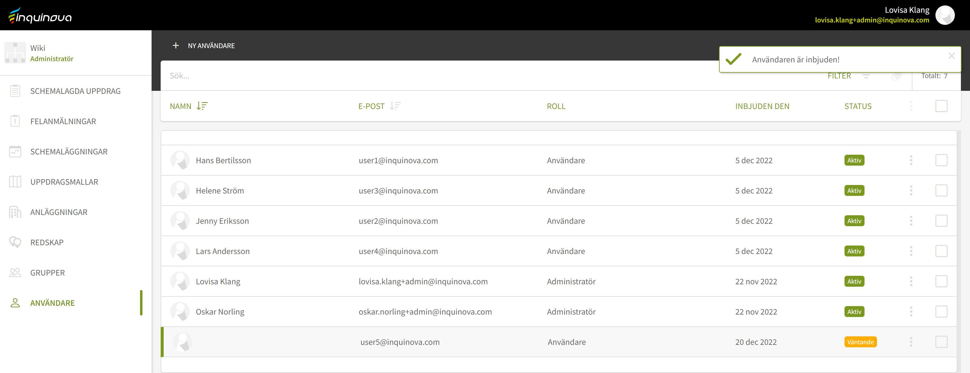 Fig. 4: Inbjudningslänk har skickats